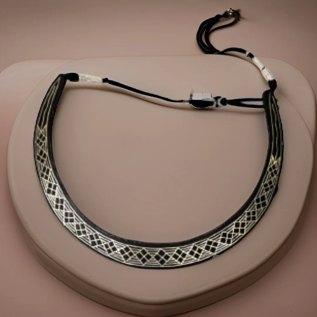 Handcrafted Bidri necklace, silver inlay on blackened metal